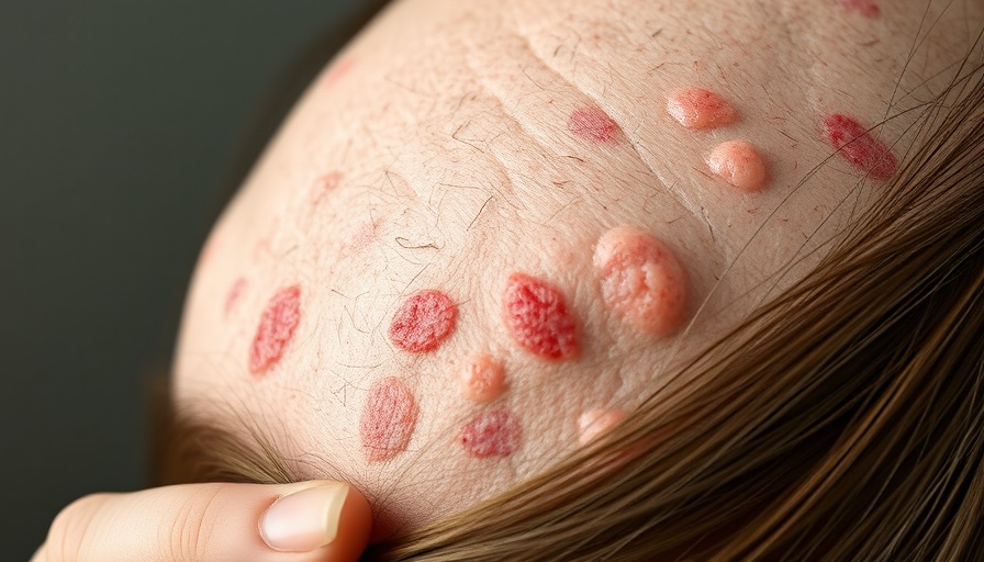 Scalp with seborrheic dermatitis flakes and redness visible.