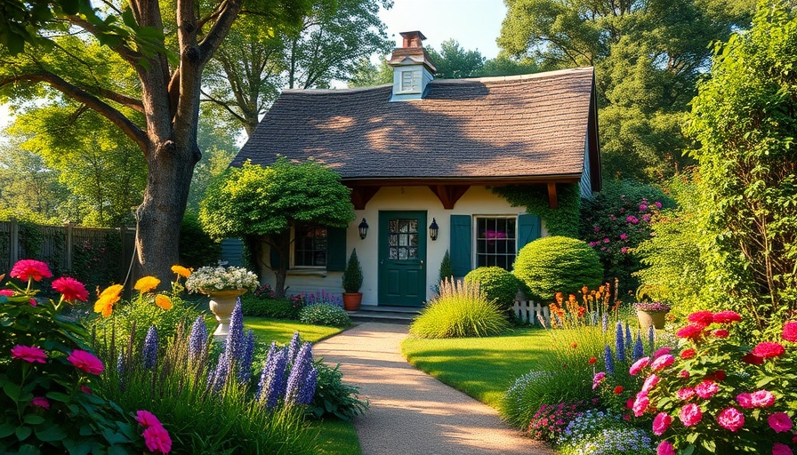Beautiful luxury gardens with a charming cottage, vibrant flowers, and lush greenery.