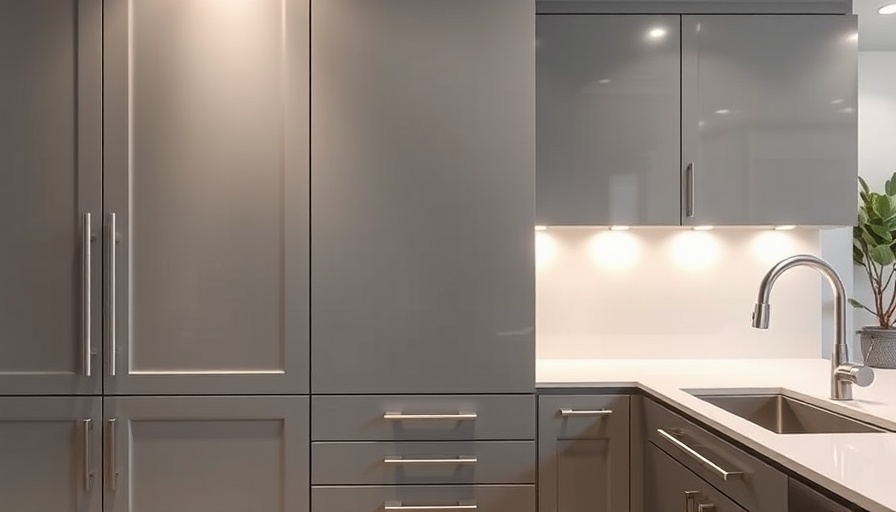 Modern kitchen showcasing cabinet hinge options with sleek gray cabinets.