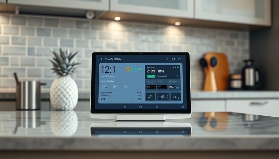 Smart home device on kitchen counter displaying travel info.