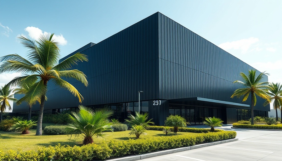 Net Zero modern industrial building with lush landscaping.
