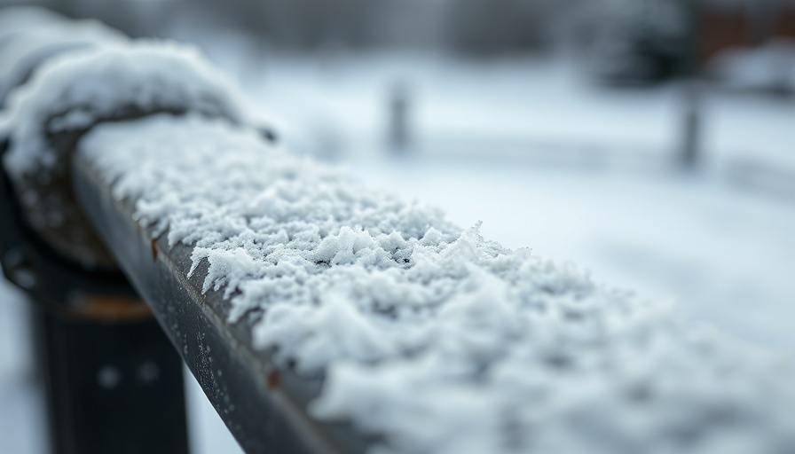 Frost-covered metal railing in a winter scene.