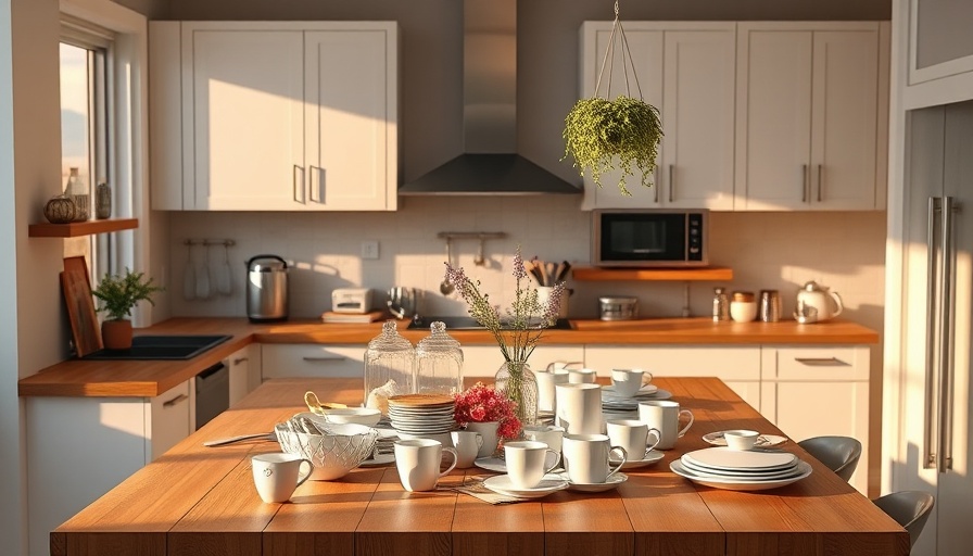 Modern kitchen island cluttered with various items and decor.
