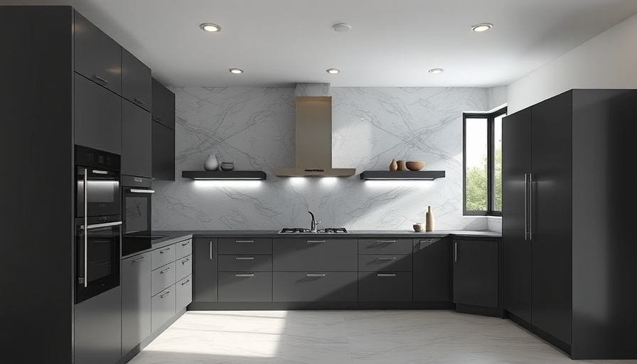 Modern Kitchen Design with grey cabinets and marble backsplash.