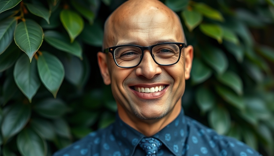 Smiling bald man in glasses with green leafy background.