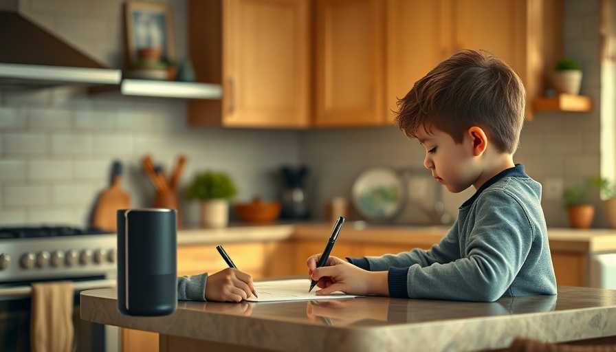 Smart home kitchen with child drawing and smart speaker on counter.