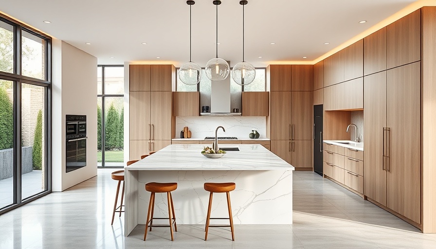 Modern Fabuwood kitchen with marble island and bar stools.