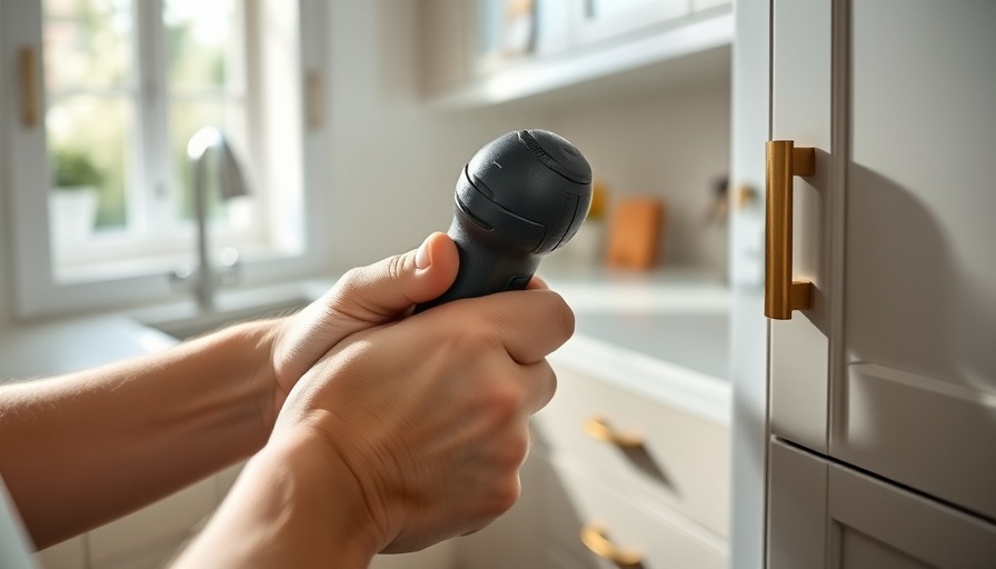 Updating kitchen cabinet handles with a power drill for kitchen updates.