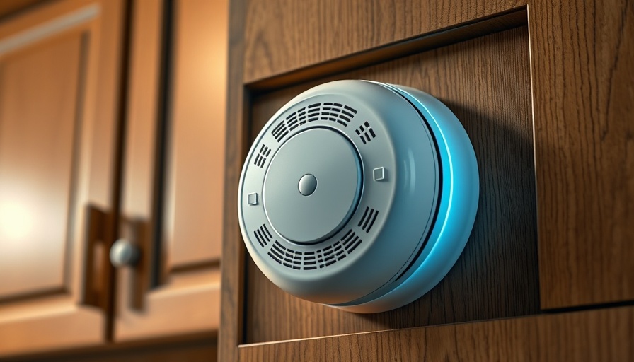 Modern smoke detector in a kitchen setting with warm lighting.