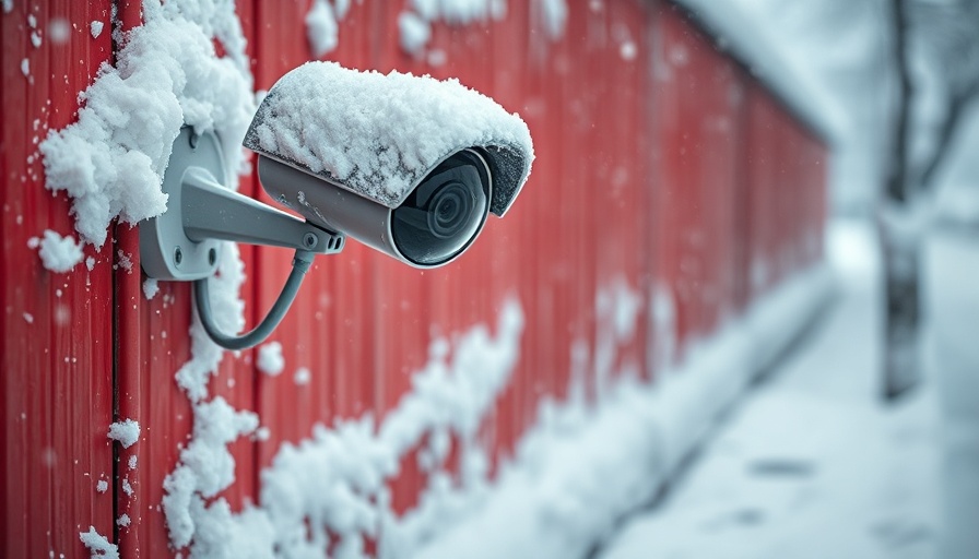 Outdoor security camera in snow highlighting smart device temperature alerts.