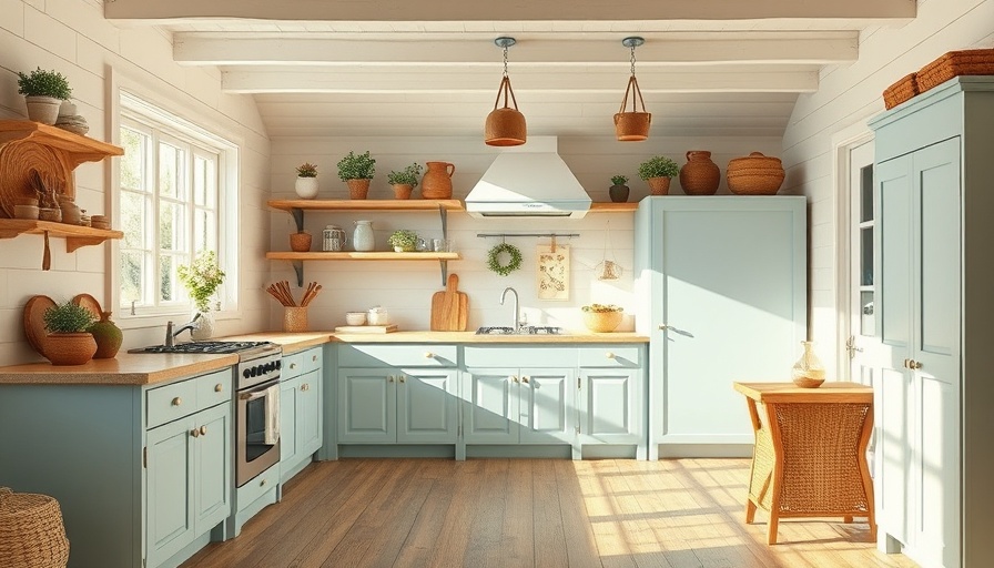 Vintage beach house kitchen with sky-blue cabinets and wooden flooring.