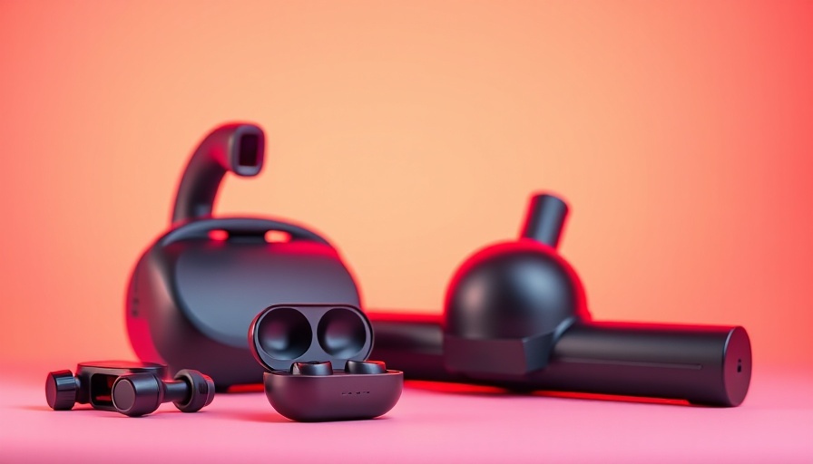 Modern tech gadgets including wireless earbuds on vibrant background.