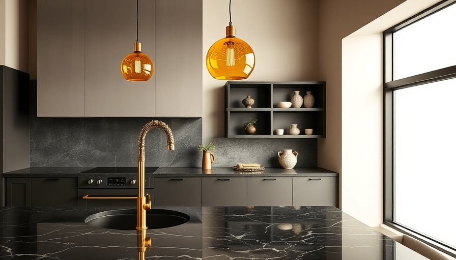 Elegant modern kitchen design with marble countertop and brass accents.