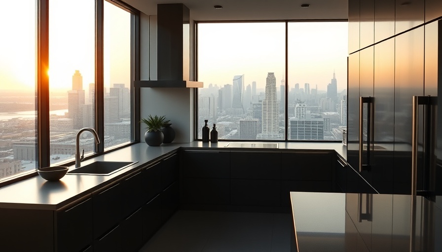 Modern black kitchen with sleek design and ambient lighting.