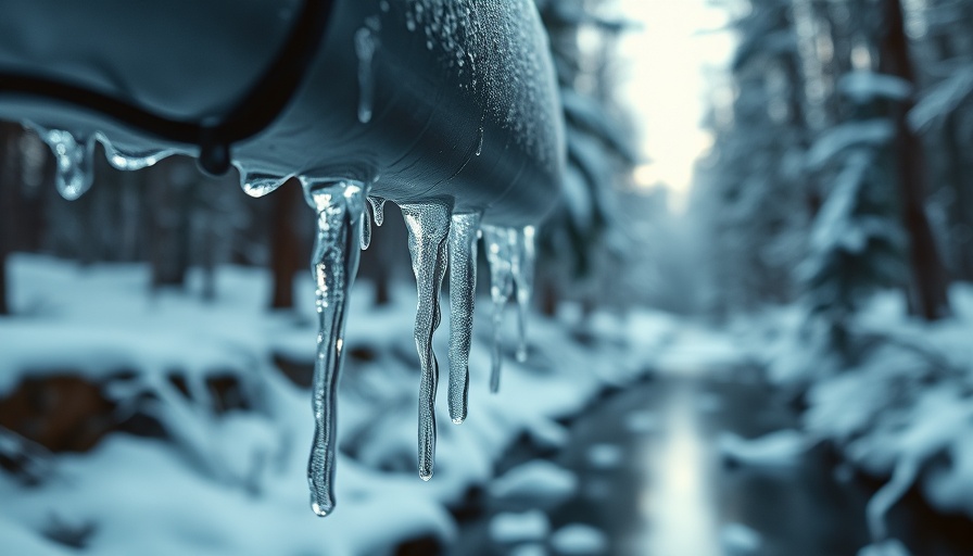 Winter icicles forming on a pipe in a snowy forest.