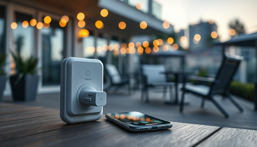 Modern outdoor setup with smart plug and phone app interface.