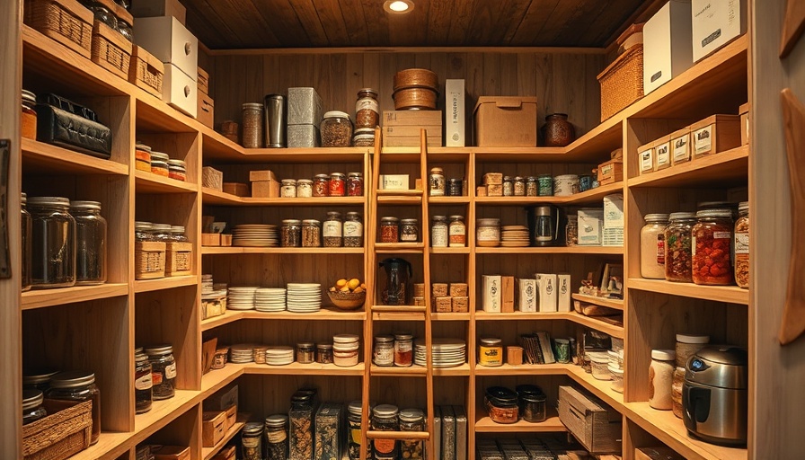 Cozy walk-in pantry with wooden shelves and ladder, warm lighting.