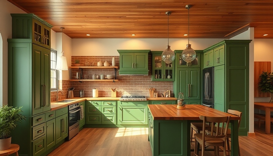 Green kitchen designs with wooden accents and ambient lighting.