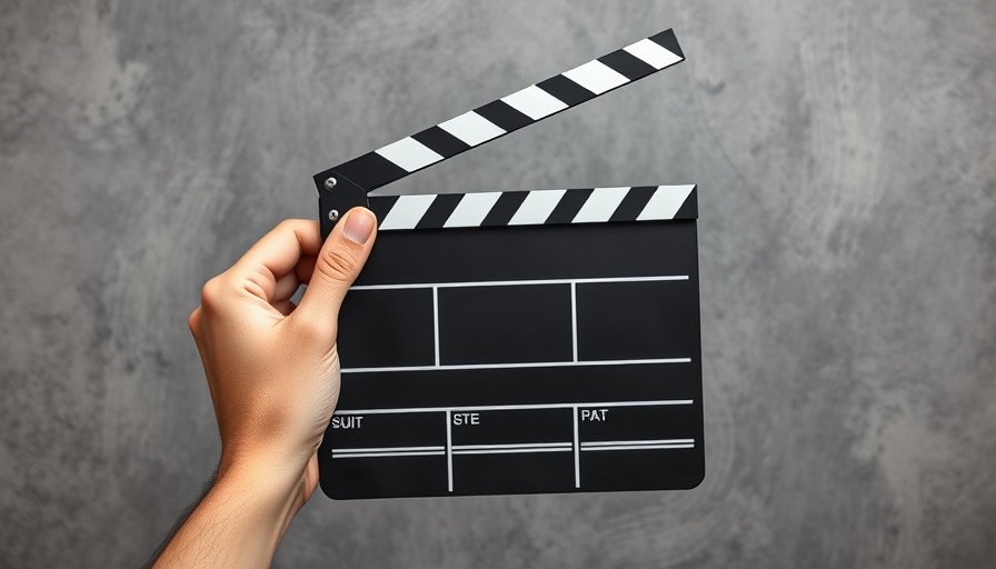 Hands holding a movie clapperboard for video marketing concept.