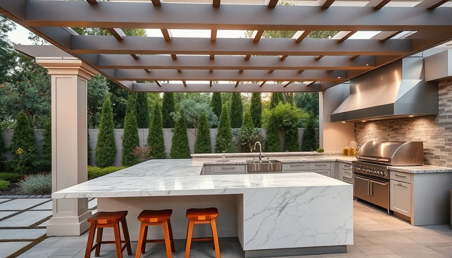 Modern outdoor kitchen with sleek pergola and stylish design.