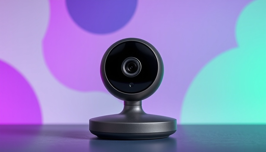 Stylish black smart security camera on a colorful background.