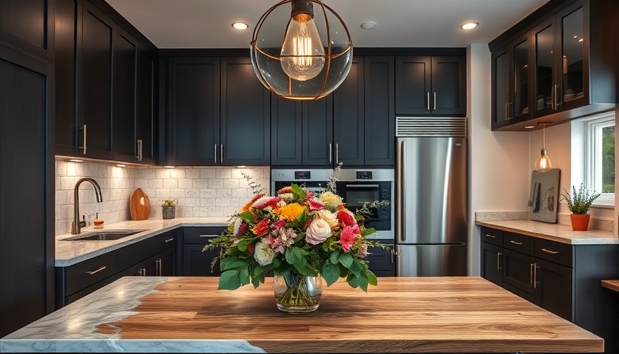 Stylish kitchen with dark cabinetry and rustic countertops showcasing kitchen countertop trends.