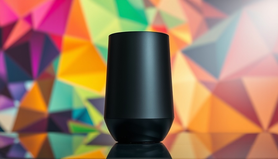 Futuristic smart speaker with sleek design on colorful abstract background.