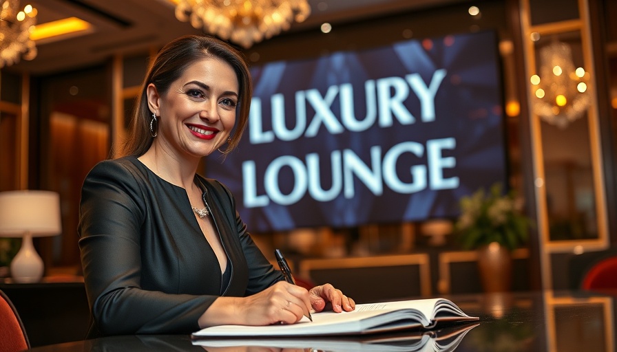 Smiling woman signing books at KBIS Luxury Lounge Programming event.