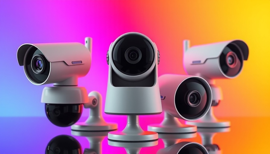 Home security cameras on colorful background promoting Presidents Day deals.