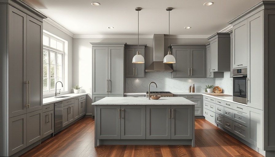 Trending 2025 kitchen with gray cabinets and modern island.