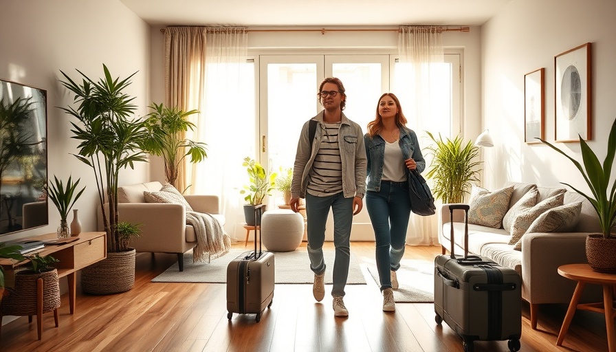 Two travelers with luggage in an Airbnb room, emphasizing safety.