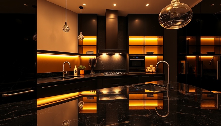 Sleek modern kitchen with black granite countertops.