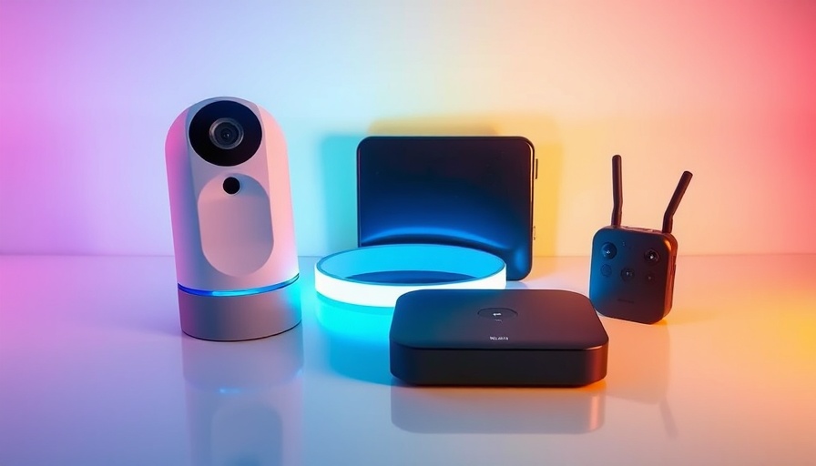 Smart home gadgets on a colorful background featuring a camera, light strip, and hub.