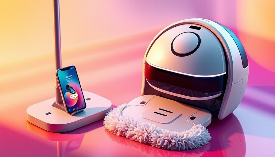 Sleek robot vacuum and mop with dock and app on vibrant background.