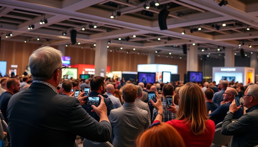 Audience at event capturing panel discussion, modern convention lighting.