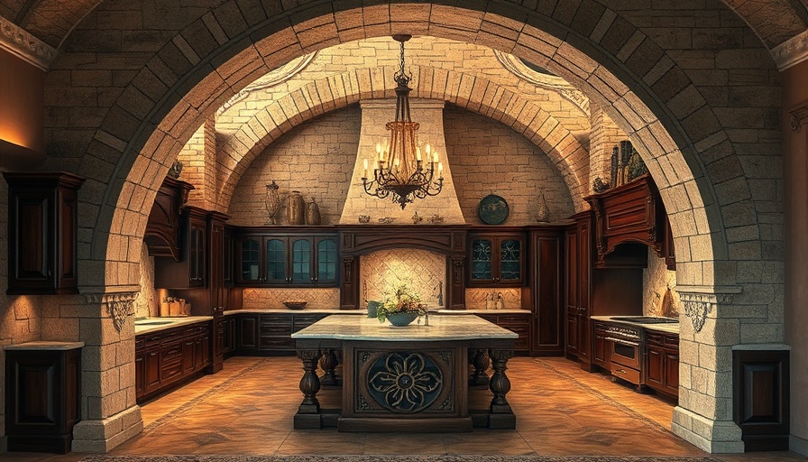 Elegant luxury kitchen design with stone arches and warm tones.