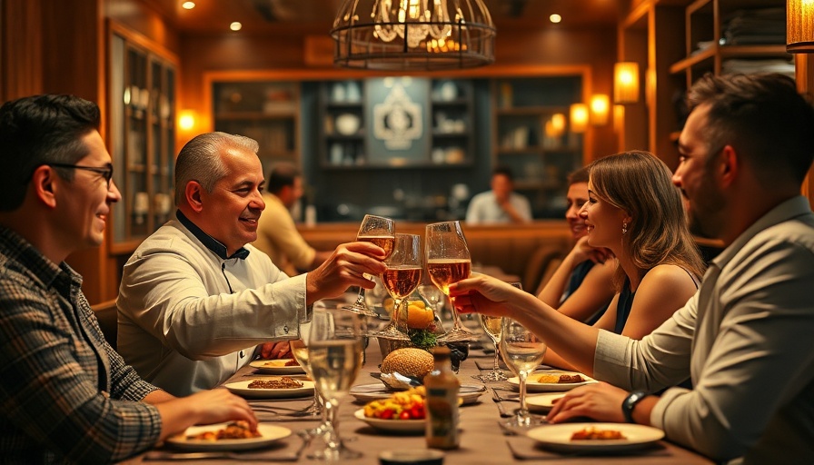 Warm dining scene at ThroughLine with guests toasting.