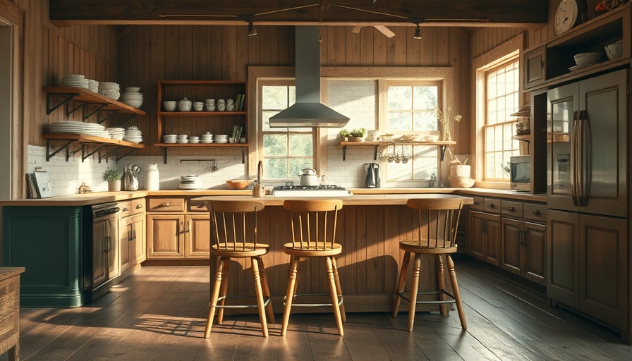 Charming vintage farmhouse kitchen with wooden stools.