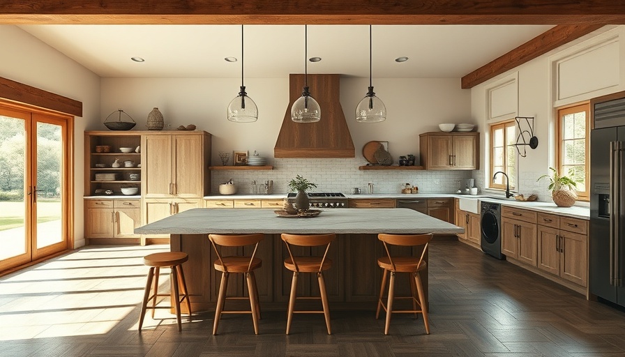 Luxury kitchen design with rustic wooden elements and pendant lights.