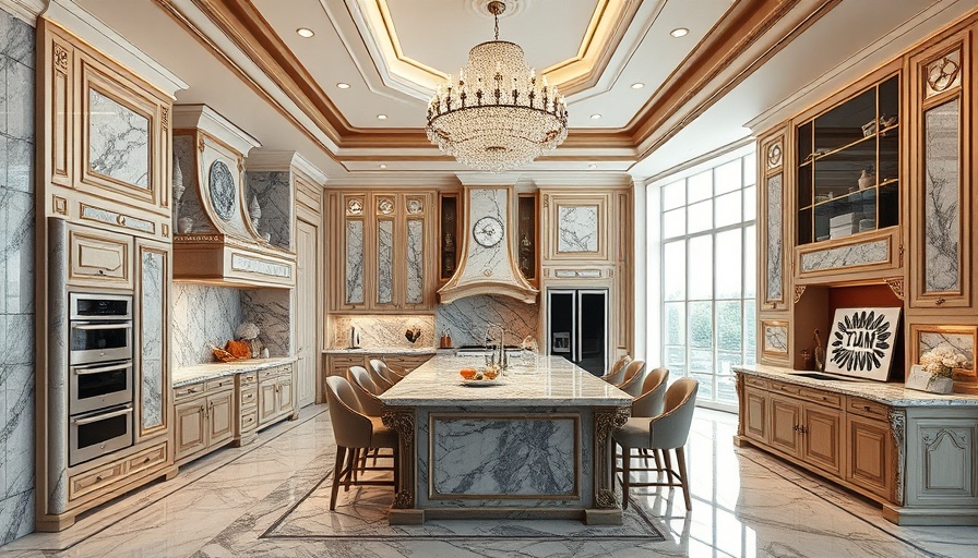 Elegant luxury kitchen design with chandeliers and marble detailing.