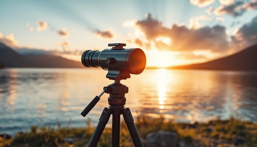Smart telescope on tripod at lakeside during sunset for astrophotography.
