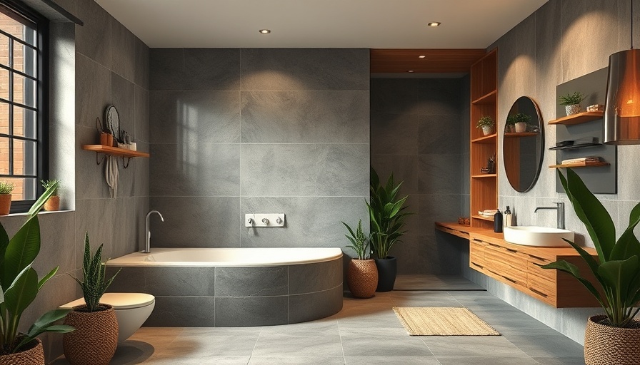 Modern bathroom with AI in interior design elements, greenery, and wood accents.