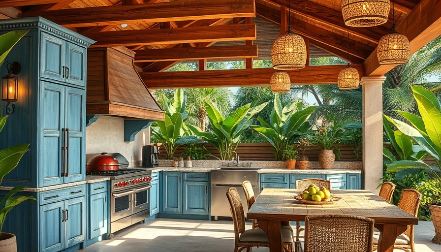 Luxury kitchen design with rustic outdoor elements and tropical setting.