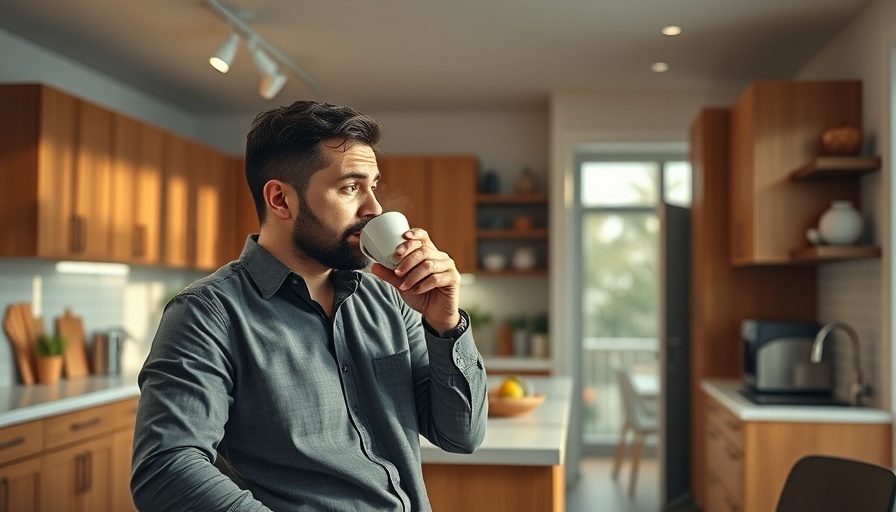 Modern kitchen with man drinking coffee, showcasing home safety technology.