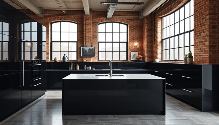 Luxury kitchen design with dark glossy cabinets and white island.