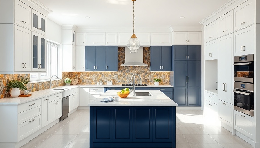 Luxury kitchen design with a navy island and elegant decor.
