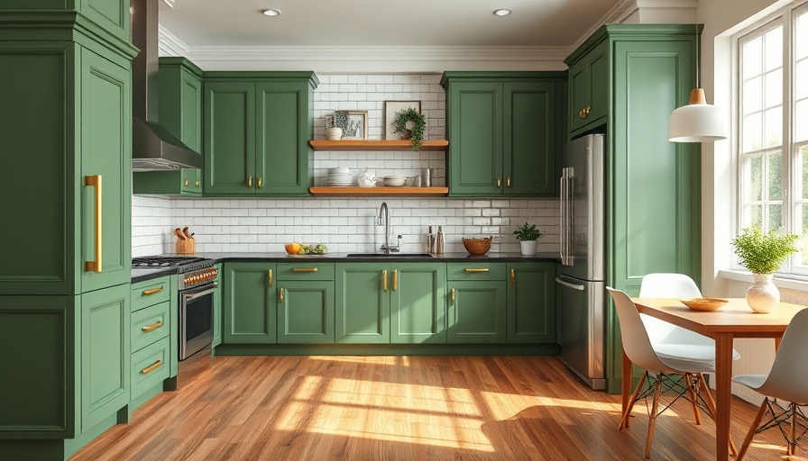 Luxury kitchen design with green cabinets, white tile, and gold accents.