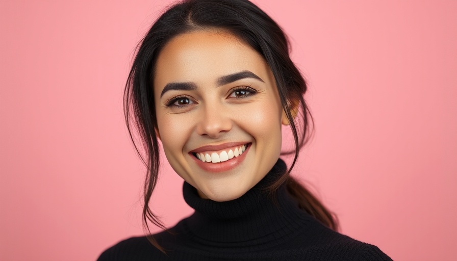 Smiling woman in a black turtleneck against a pink backdrop.