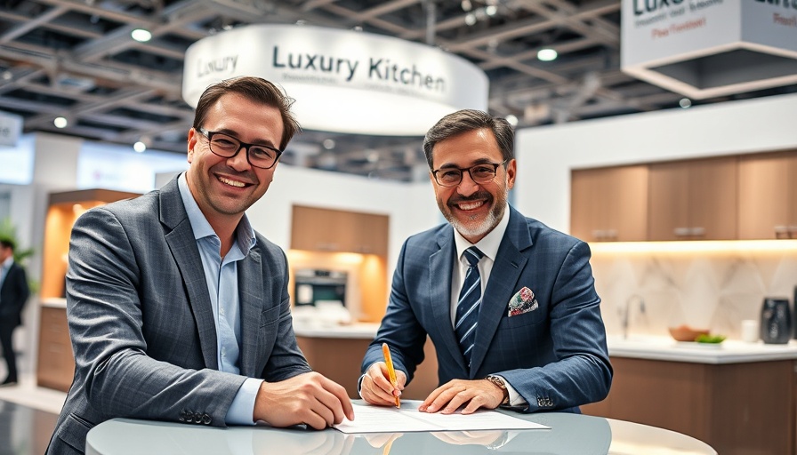 Three businessmen signing papers at a convention with luxury kitchen display.