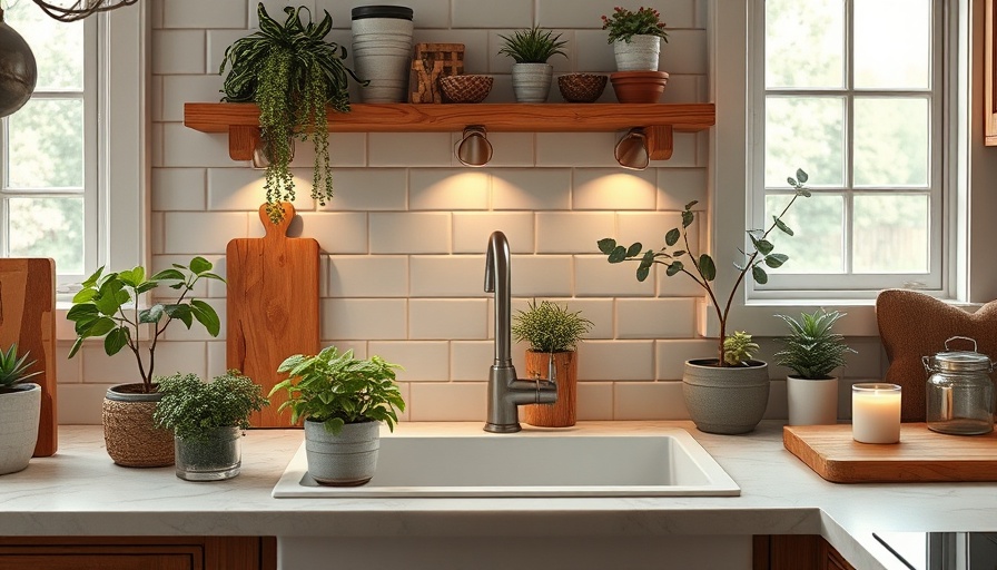 Modern kitchen sink with rustic decor and green plants, Types of Kitchen Sinks.